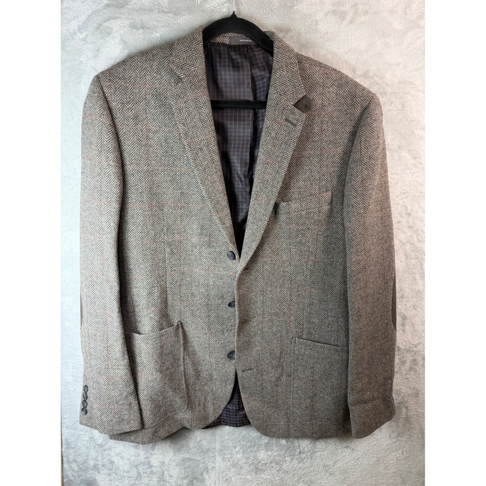 JOE JOSEPH ABBOUD Blazer Men Gray Herringbone Wool Elbow Patch Sport Coat 23x31